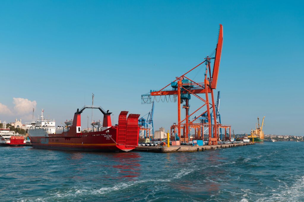 RoRo ship loading construction machinery port